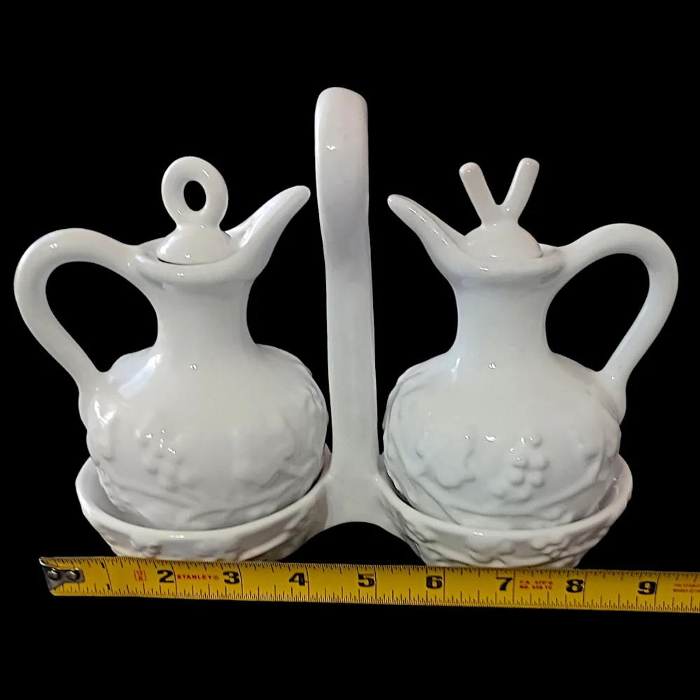 PV Italy Pottery Cruet Set White Oil Vinegar‎ Carrier Embossed Peasant Village